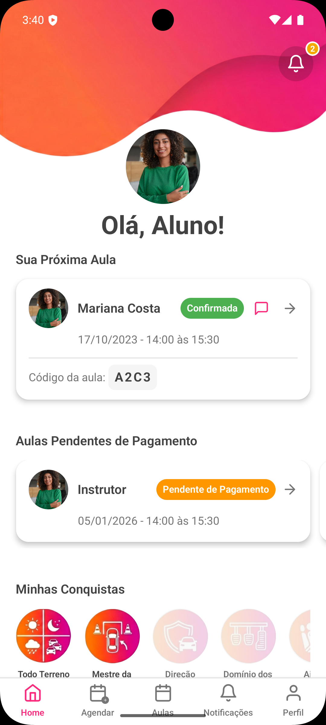 Cene App - Tela inicial do aluno